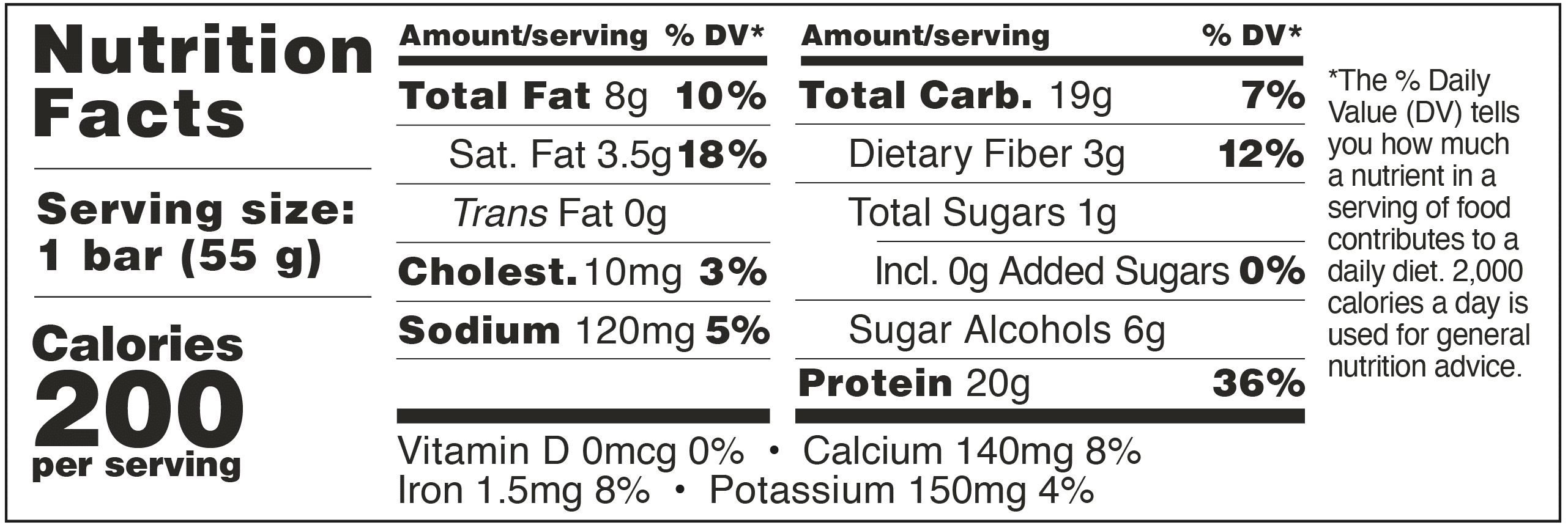 Nutrition facts label showing values for calories, fats, carbs, and proteins per serving.